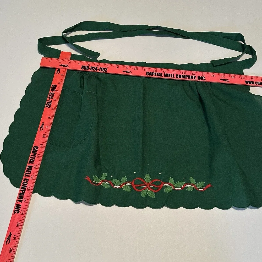 Vintage 1936 Green Half Apron With Holly‎ Red Bows Linen Embroidered Christmas